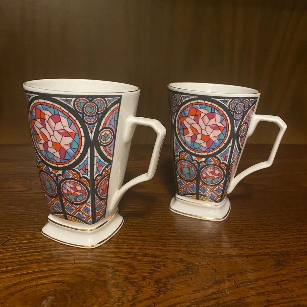 Past Times Rose Window Fine Bone China Mug Set | Oxford England | Stained Glass